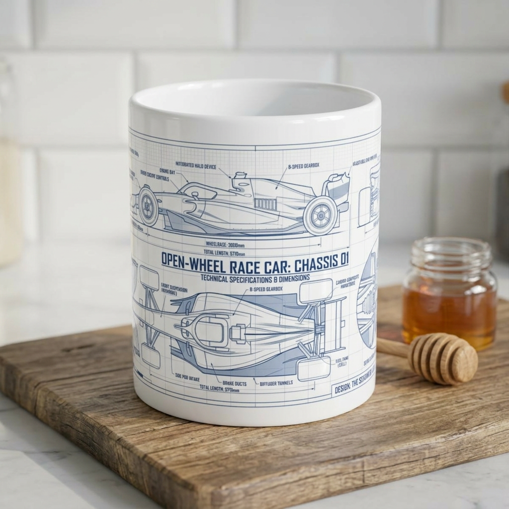 GP Car Ceramic Mug — Open-Wheel Race Car Schematic (11oz & 15oz)