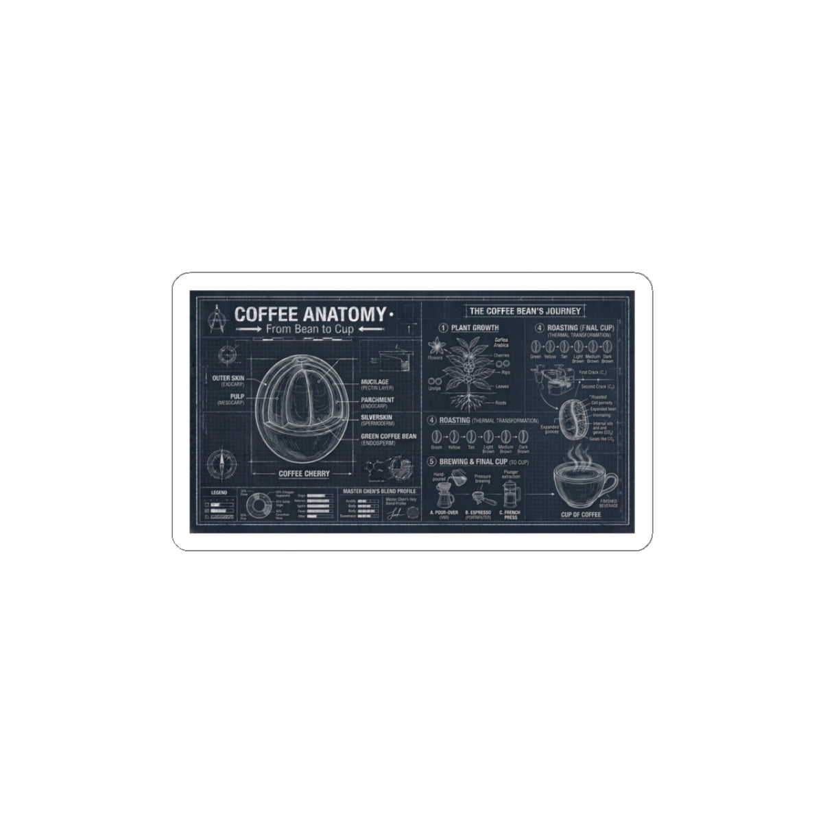 Coffee Anatomy Sticker — Vintage Blueprint Coffee Diagram Kiss-Cut Sticker