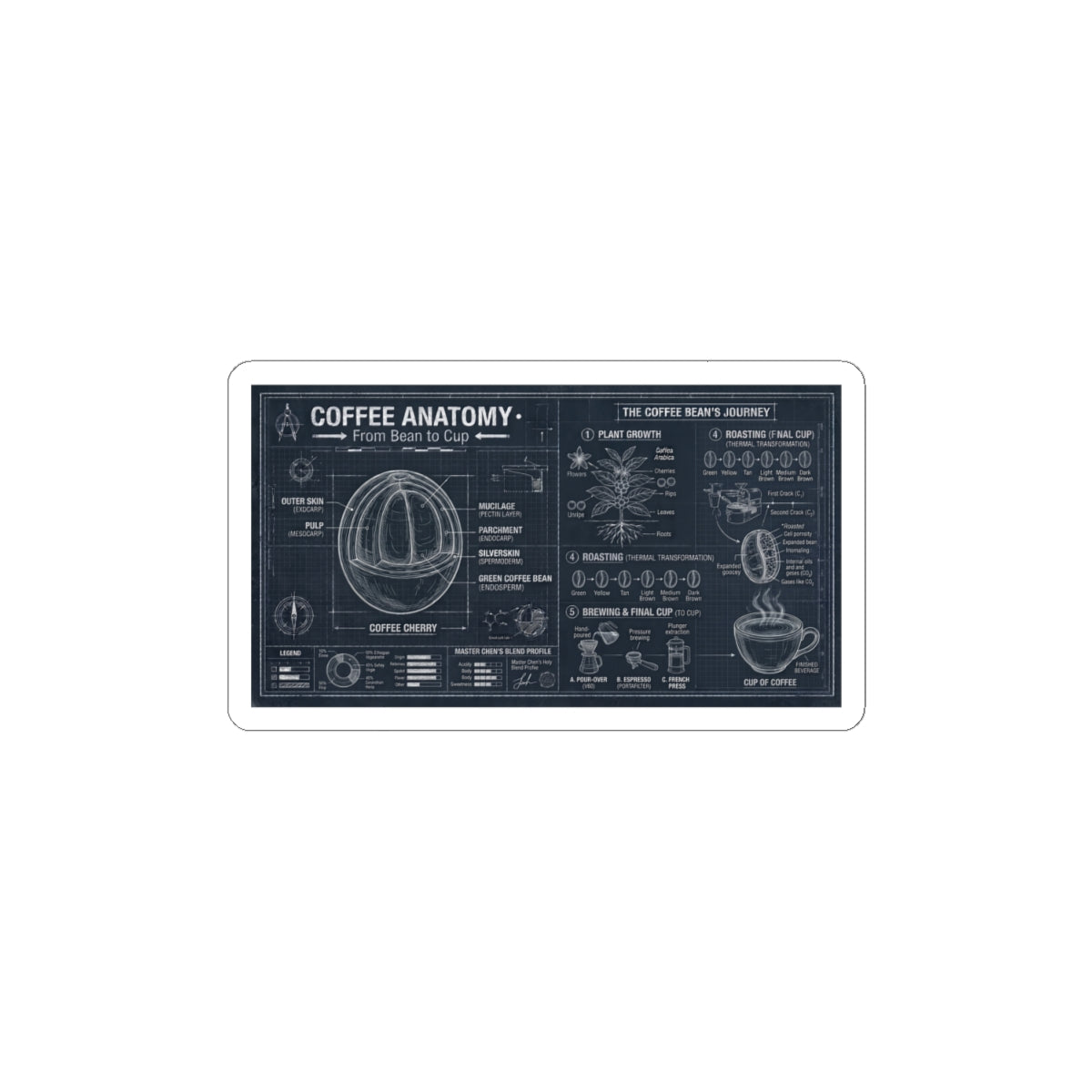 Coffee Anatomy Sticker — Vintage Blueprint Coffee Diagram Kiss-Cut Sticker