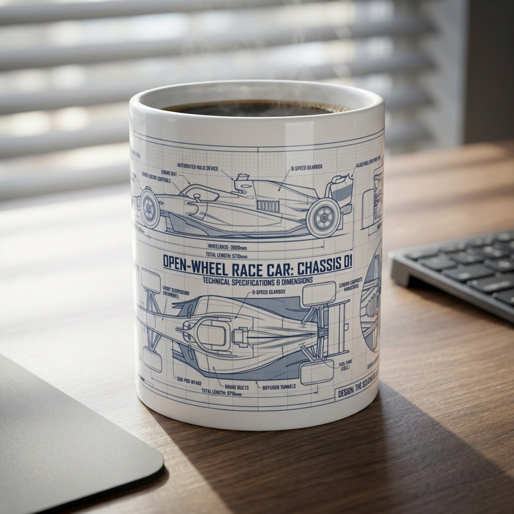 GP Car Ceramic Mug — Open-Wheel Race Car Schematic (11oz & 15oz)