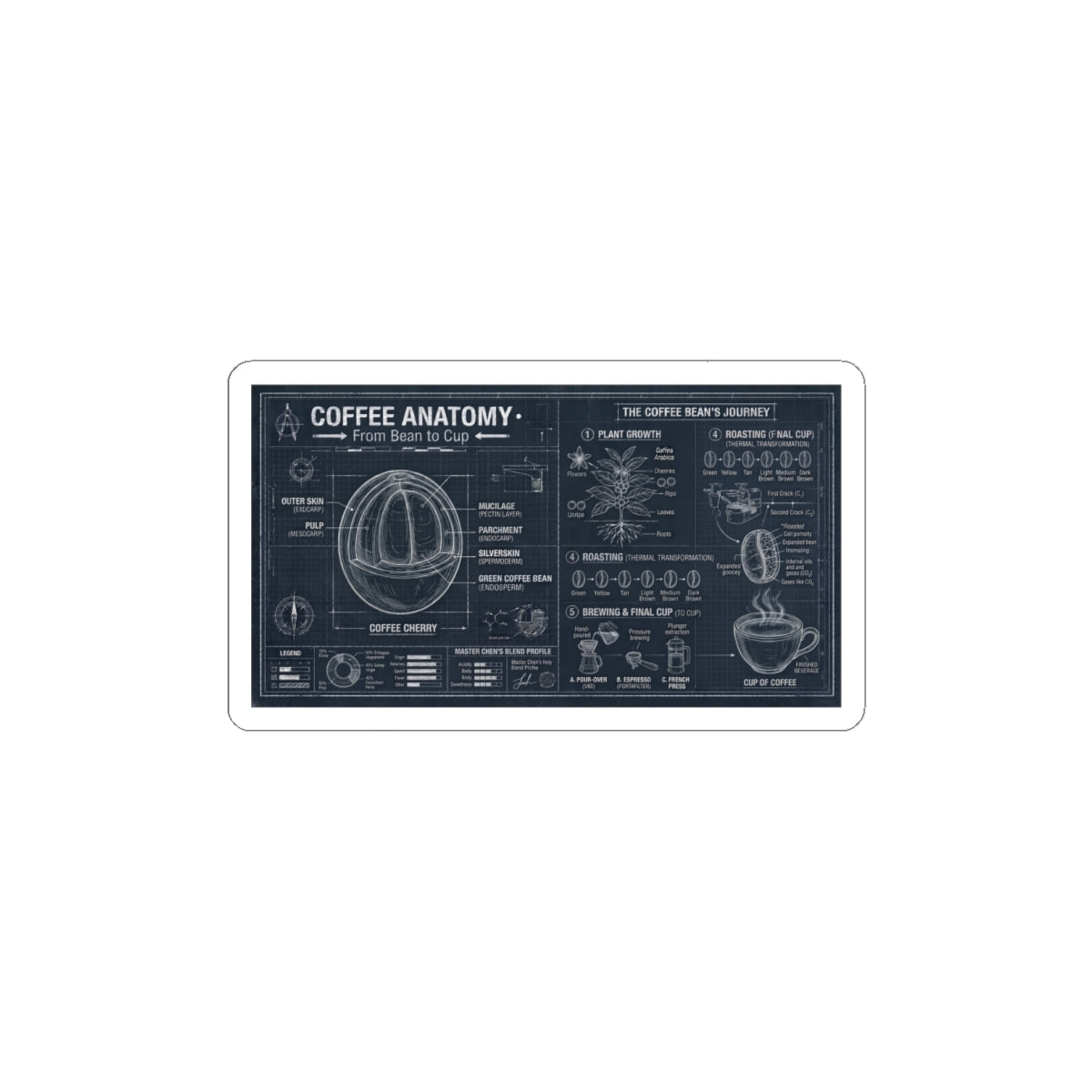 Coffee Anatomy Sticker — Vintage Blueprint Coffee Diagram Kiss-Cut Sticker