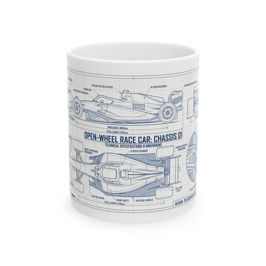 GP Car Ceramic Mug — Open-Wheel Race Car Schematic (11oz & 15oz)
