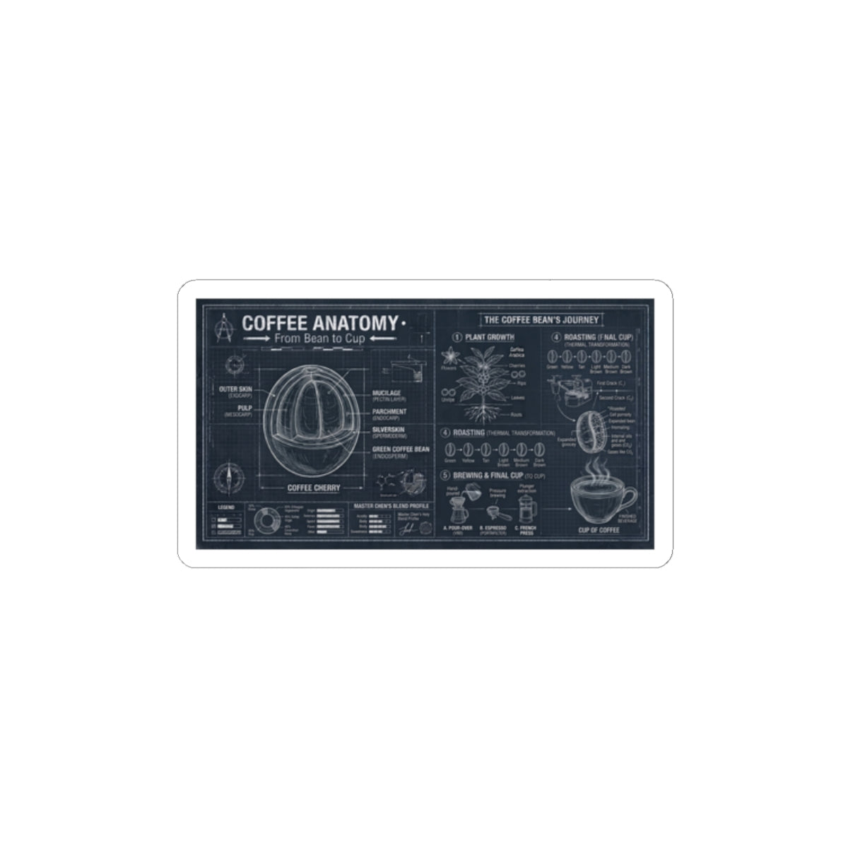 Coffee Anatomy Sticker — Vintage Blueprint Coffee Diagram Kiss-Cut Sticker